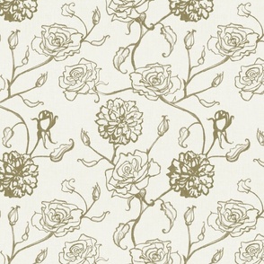 Rosebud trailing floral stripe vertical / cecil brunner rose / hand drawn vintage flowers / subtle floral wallpaper / classical rococo roses / climbing rose striped / gold green khaki creamy white