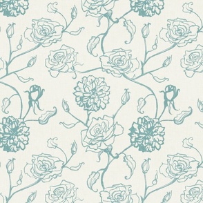 Rosebud trailing floral stripe vertical / cecil brunner rose / hand drawn vintage flowers / subtle floral wallpaper / classical rococo roses / climbing rose striped / sea blue creamy white