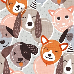 Normal scale // Pet pawty time // gray background dogs and cats paper balloon animals party wallpaper