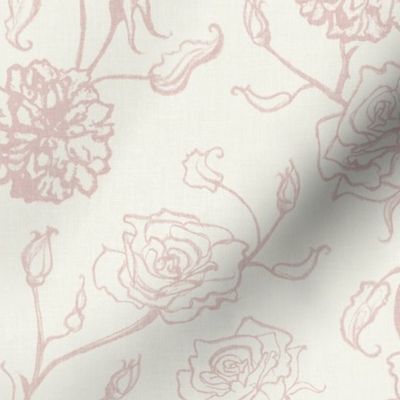 Rosebud coquette trailing floral / cecil bruner rose / hand drawn boho vintage flowers / subtle climbing floral wallpaper / classical rococo roses / climbing rose stripes / blush pink / outlined flowers