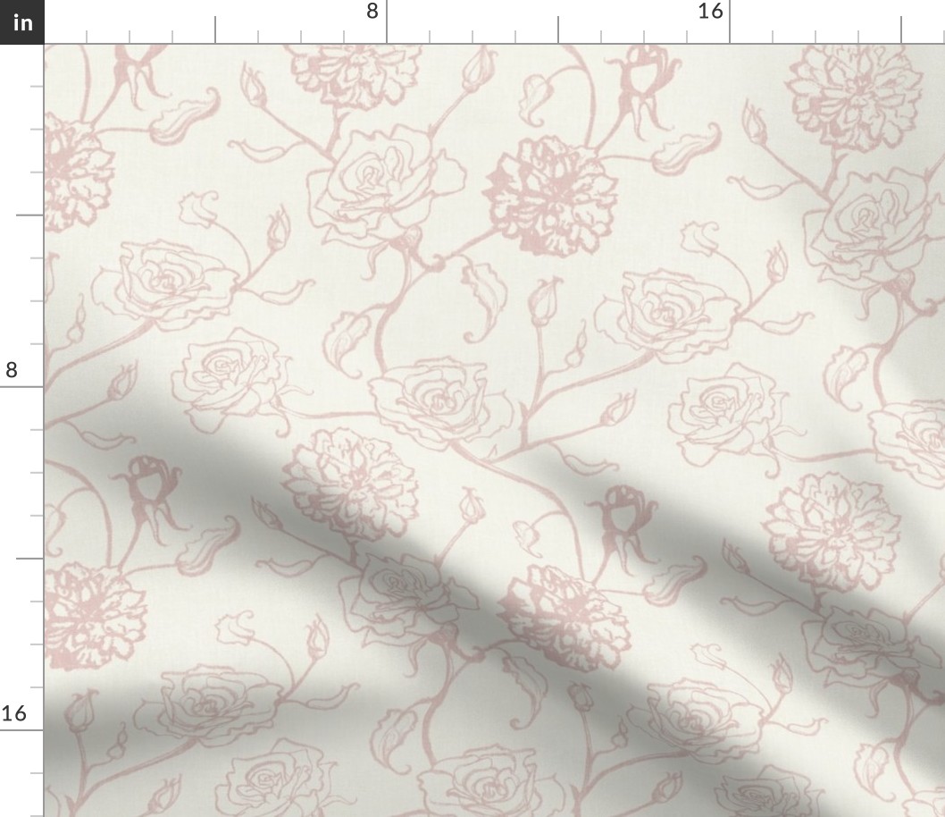 Rosebud coquette trailing floral / cecil bruner rose / hand drawn boho vintage flowers / subtle climbing floral wallpaper / classical rococo roses / climbing rose stripes / blush pink / outlined flowers