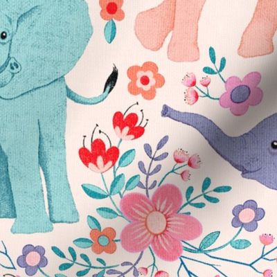 Energetic Elephants with Whimsical Wildflowers - large 