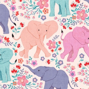 Energetic Elephants with Whimsical Wildflowers - large 