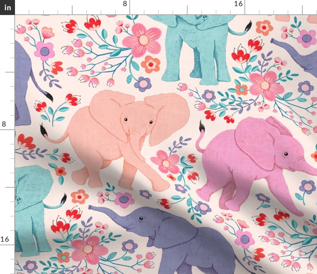 Energetic Elephants with Whimsical Wildflowers - large 