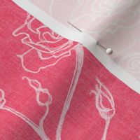 Rosebud trailing floral stripe vertical / cecil bruner rose / hand drawn vintage flowers / subtle floral wallpaper / classical rococo roses / climbing rose striped / bright pink off white