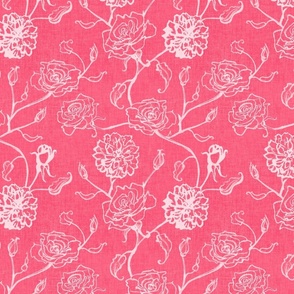 Rosebud trailing floral stripe vertical / cecil bruner rose / hand drawn vintage flowers / subtle floral wallpaper / classical rococo roses / climbing rose striped / bright pink off white