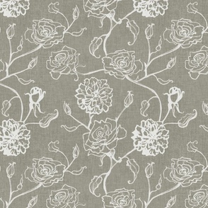 Rosebud trailing floral stripe vertical / cecil brunner rose / hand drawn vintage flowers / subtle floral wallpaper / classical rococo roses / climbing rose striped / grey green creamy white