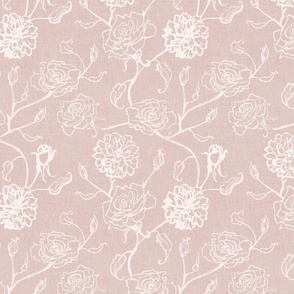 Rosebud trailing floral / cecil bruner rose / hand drawn boho vintage flowers / subtle climbing floral wallpaper / classical rococo roses / climbing rose stripes / blush pink / white outlined flowers
