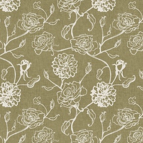 Rosebud trailing floral stripe vertical / cecil brunner rose / hand drawn vintage flowers / subtle floral wallpaper / classical rococo roses / climbing rose striped / gold green khaki silhouette outlined 