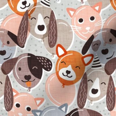 Small scale // Pet pawty time // gray background dogs and cats paper balloon animals party wallpaper