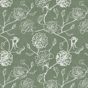 Rosebud trailing floral stripe vertical / cecil brunner rose / hand drawn vintage flowers / subtle floral wallpaper / classical rococo roses / climbing rose striped / green silhouette outlined 