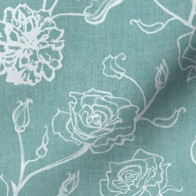 Rosebud trailing floral stripe vertical / cecil brunner rose / hand drawn vintage flowers / subtle floral wallpaper / classical rococo roses / climbing rose striped / sea mist blue green silhouette outlined 