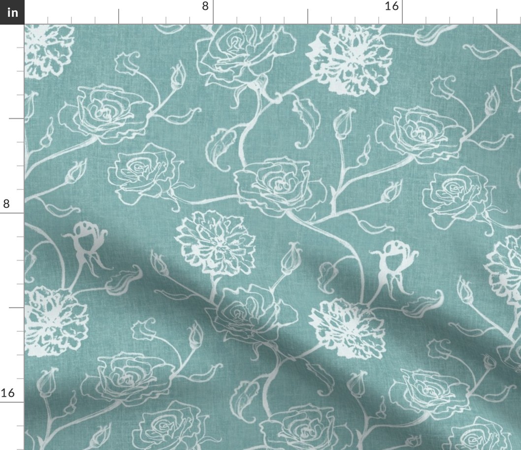 Rosebud trailing floral stripe vertical / cecil brunner rose / hand drawn vintage flowers / subtle floral wallpaper / classical rococo roses / climbing rose striped / sea mist blue green silhouette outlined 