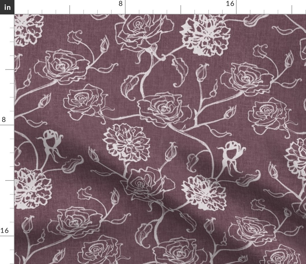 Rosebud trailing floral stripe vertical / cecil brunner rose / hand drawn vintage flowers / subtle floral wallpaper / classical rococo roses / climbing rose striped / dark purple silhouette outlined 