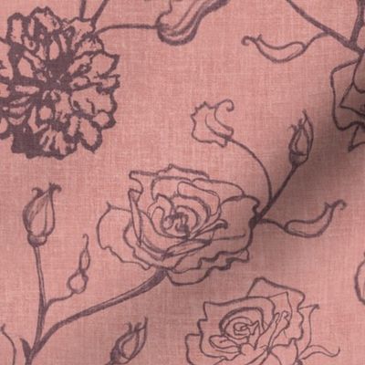 Rosebud trailing floral stripe vertical / cecil brunner rose / hand drawn vintage flowers / subtle floral wallpaper / classical rococo roses / climbing rose striped / peach dark purple