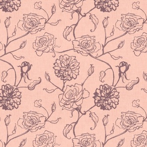 Rosebud trailing floral stripe vertical / cecil brunner rose / hand drawn vintage flowers / subtle floral wallpaper / classical rococo roses / climbing rose striped / peach pink raisin purple 
