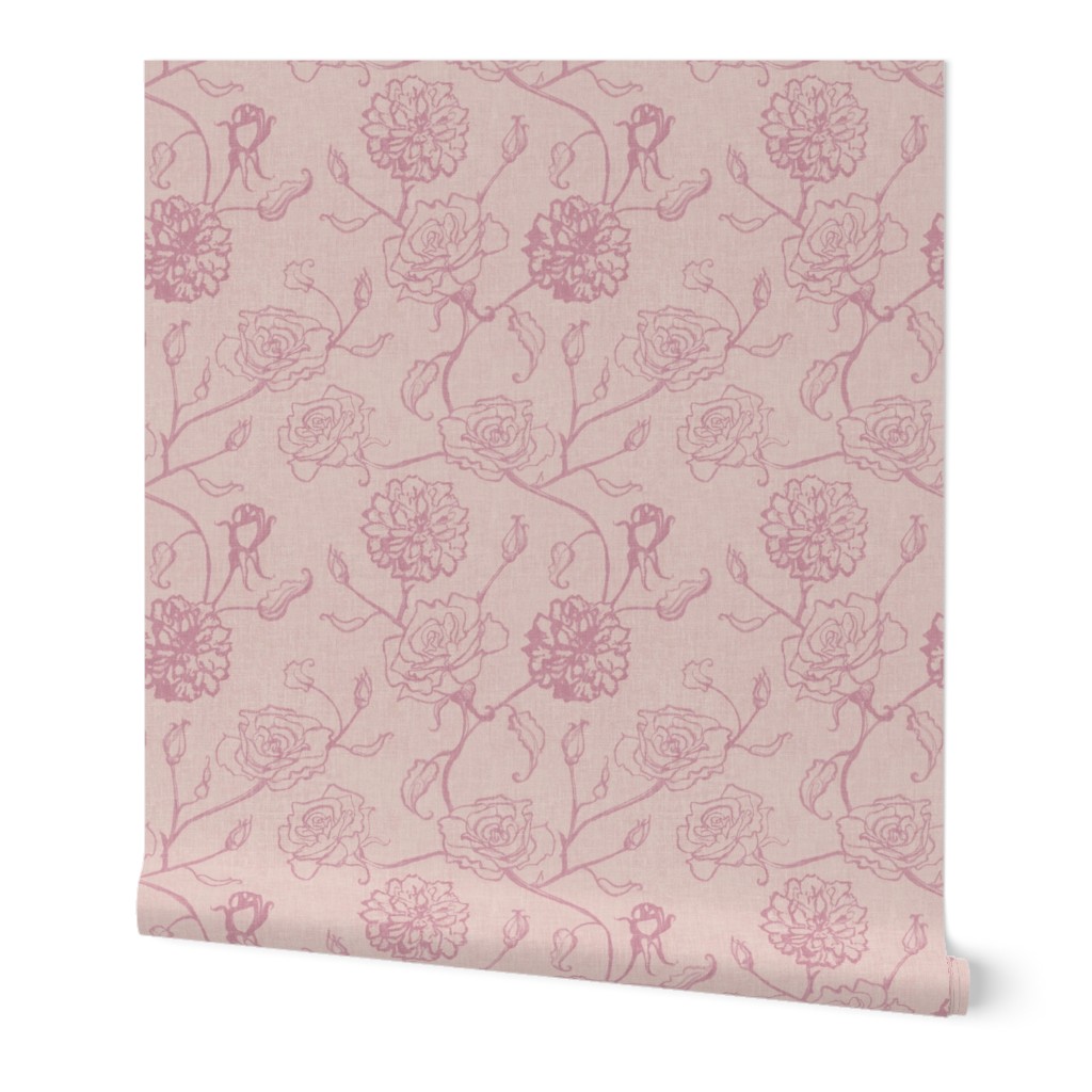 Rosebud coquette trailing floral stripe vertical / cecil brunner rose / hand drawn vintage flowers / subtle floral wallpaper / classical rococo roses / climbing rose striped / blush pink mauve purple 