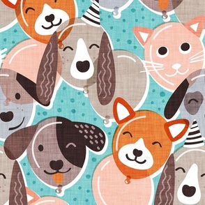 Normal scale // Pet pawty time // aqua background dogs and cats paper balloon animals party wallpaper