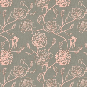 Rosebud trailing floral stripe vertical / cecil brunner rose / hand drawn vintage flowers / subtle floral wallpaper / classical rococo roses / climbing rose striped /green and  pink silhouette outlined 