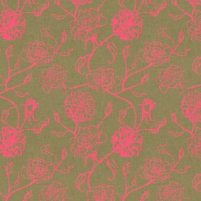 Rosebud trailing floral  / cecil bruner rose / hand drawn vintage flowers / subtle floral wallpaper / classical rococo roses / climbing rose garland / bright pink khaki green clashing