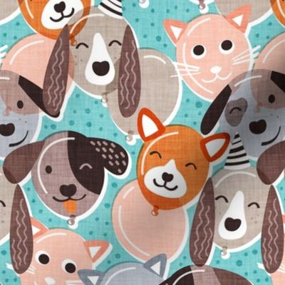Small scale // Pet pawty time // aqua background dogs and cats paper balloon animals party wallpaper
