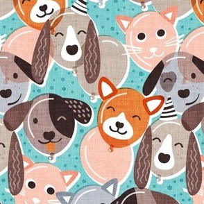 Small scale // Pet pawty time // aqua background dogs and cats paper balloon animals party wallpaper