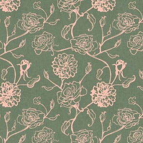 Rosebud trailing floral stripe vertical / cecil brunner rose / hand drawn vintage flowers / subtle floral wallpaper / classical rococo roses / climbing rose striped / green forest pink  silhouette outlined 