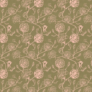 Small Rosebud trailing floral stripe vertical / cecil bruner rose / hand drawn vintage flowers / subtle floral wallpaper / classical rococo roses / climbing rose striped / dark emerald green creamy white