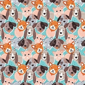 Tiny scale // Pet pawty time // aqua background dogs and cats paper balloon animals party wallpaper