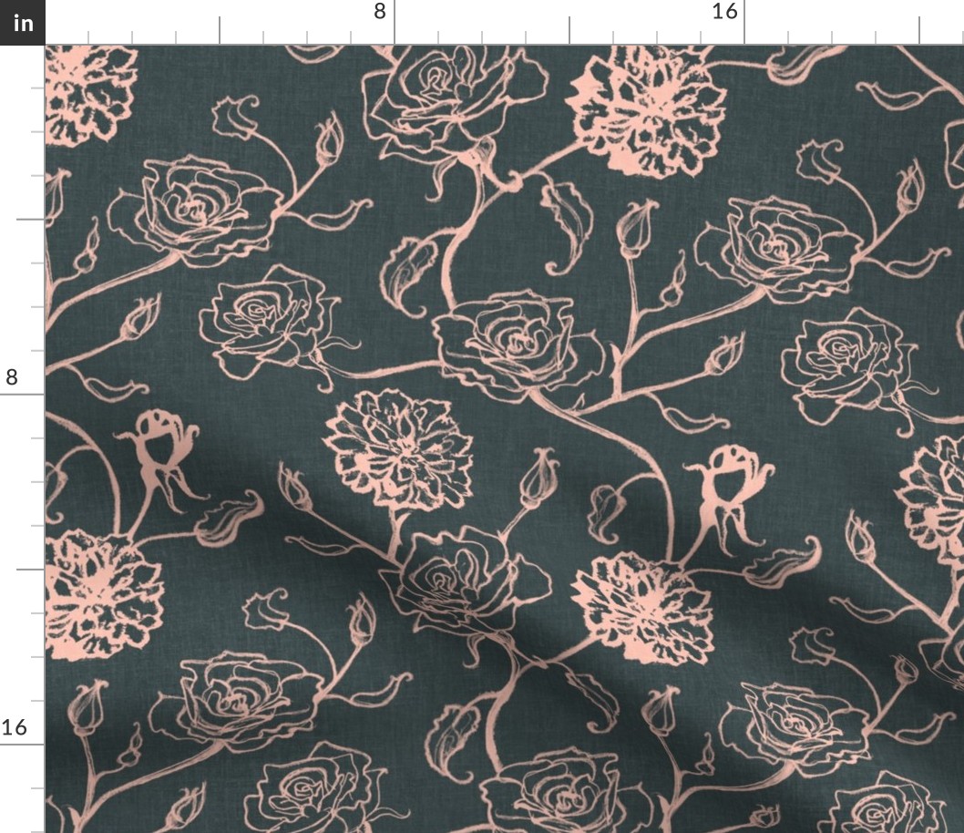 Rosebud trailing floral stripe vertical / cecil brunner rose / hand drawn vintage flowers / subtle floral wallpaper / classical rococo roses / climbing rose striped / emerald green pink  silhouette outlined 