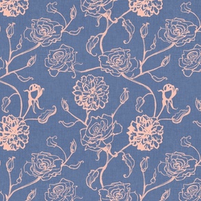 Rosebud trailing floral stripe vertical / cecil brunner rose / hand drawn vintage flowers / subtle floral wallpaper / classical rococo roses / climbing rose striped / blue pink  silhouette outlined 