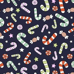 Raw vintage Christmas - retro candy canes and sweets trick or treat Christmas candy midnight blue