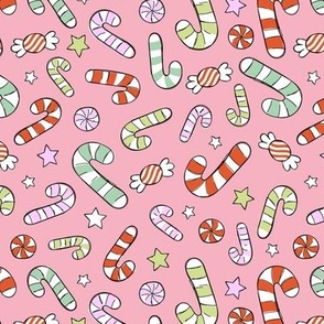 Raw vintage Christmas - retro candy canes and sweets trick or treat Christmas candy pink