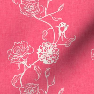 Rosebud coquette trailing floral stripe vertical / cecil bruner rose / hand drawn vintage flowers / subtle floral wallpaper / classical rococo roses / climbing rose striped / bright pink off white