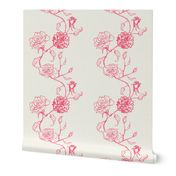 Rosebud coquette trailing floral stripe vertical / cecil bruner rose / hand drawn vintage flowers / subtle floral wallpaper / classical rococo roses / climbing rose striped / bright pink off white