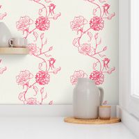 Rosebud coquette trailing floral stripe vertical / cecil bruner rose / hand drawn vintage flowers / subtle floral wallpaper / classical rococo roses / climbing rose striped / bright pink off white