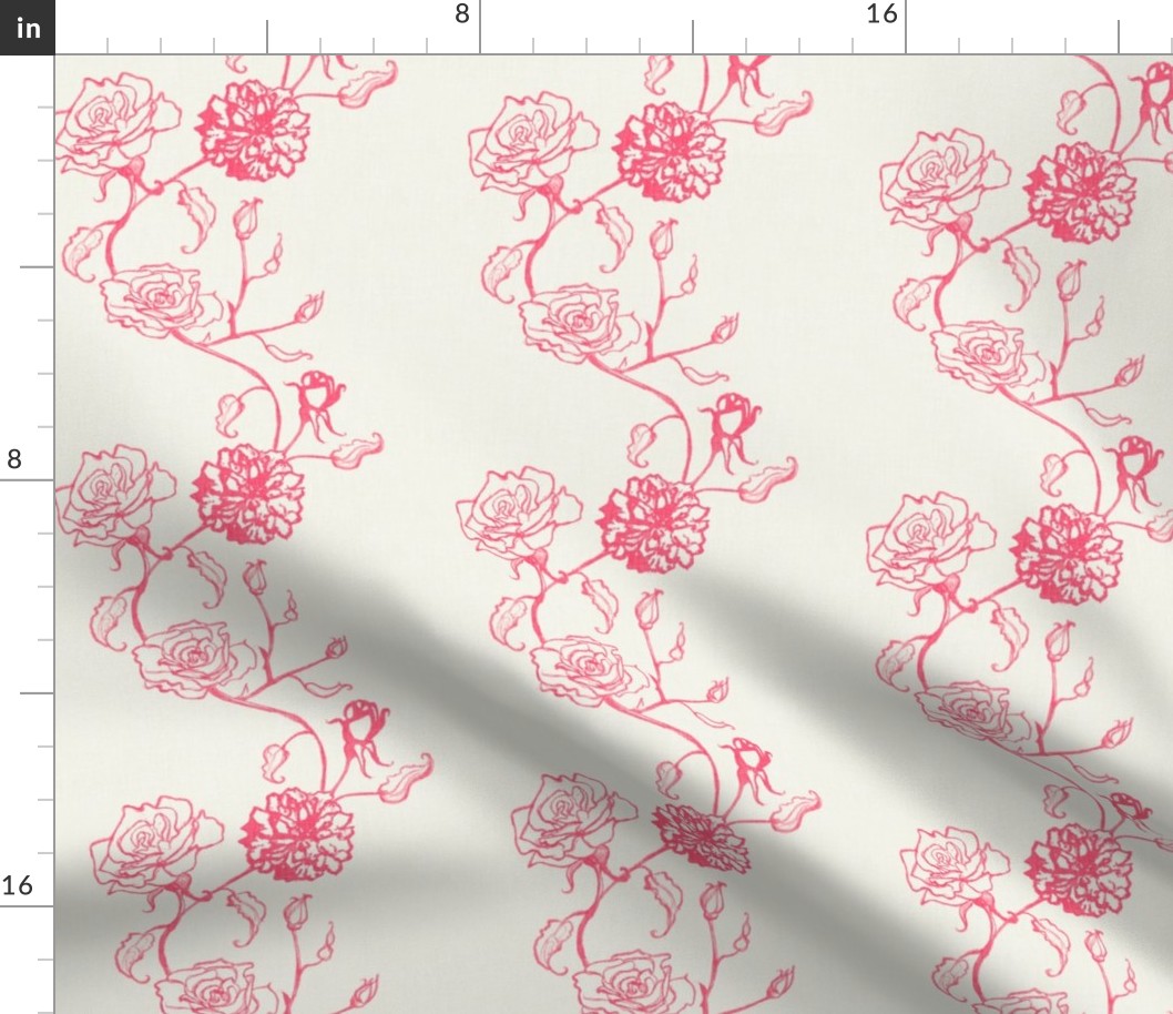 Rosebud coquette trailing floral stripe vertical / cecil bruner rose / hand drawn vintage flowers / subtle floral wallpaper / classical rococo roses / climbing rose striped / bright pink off white