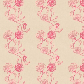 Rosebud trailing floral stripe vertical / cecil bruner rose / hand drawn vintage flowers / subtle floral wallpaper / classical rococo roses / climbing rose striped / bright pink beige