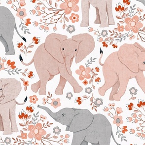 Energetic Elephants with Whimsical Wildflowers - warm earth tones, large 