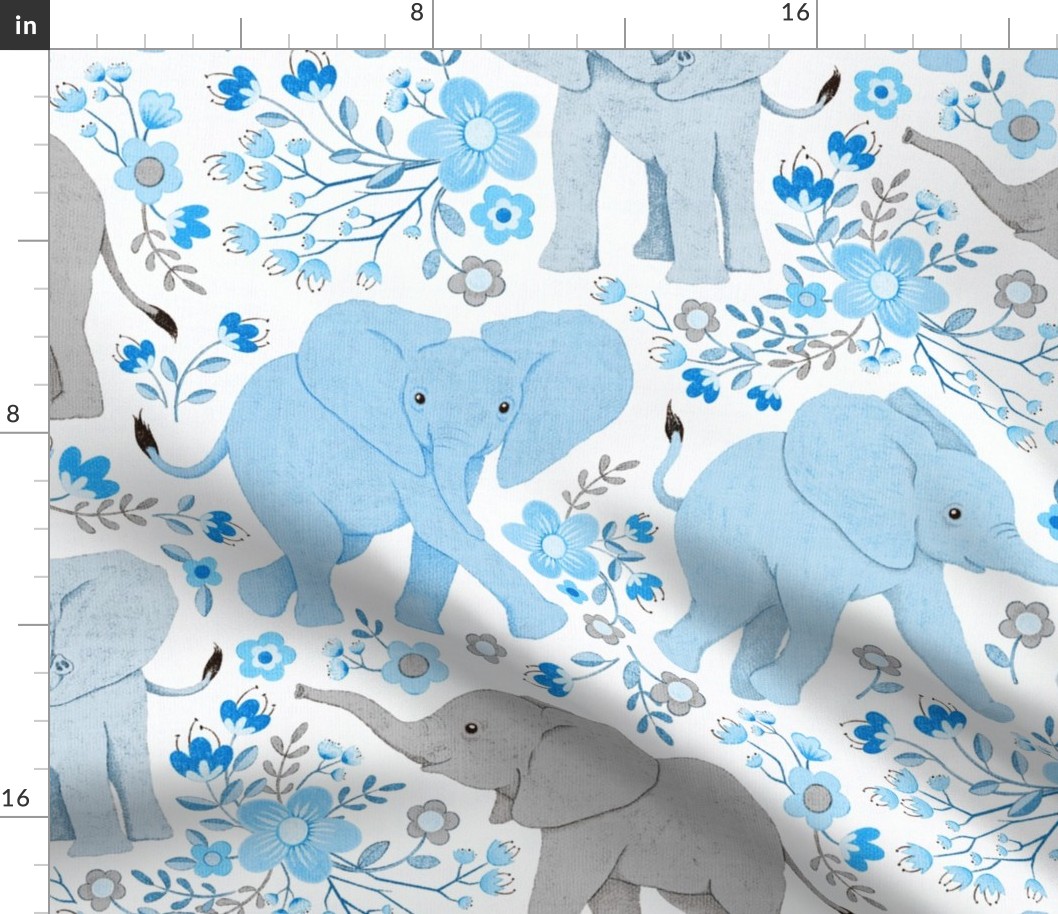 Energetic Elephants with Whimsical Wildflowers - baby blue, large 