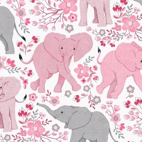 Energetic Elephants with Whimsical Wildflowers - dusty pink, large 