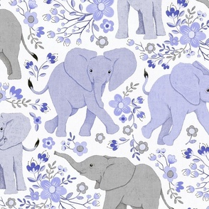 Energetic Elephants with Whimsical Wildflowers - periwinkle purple, large 