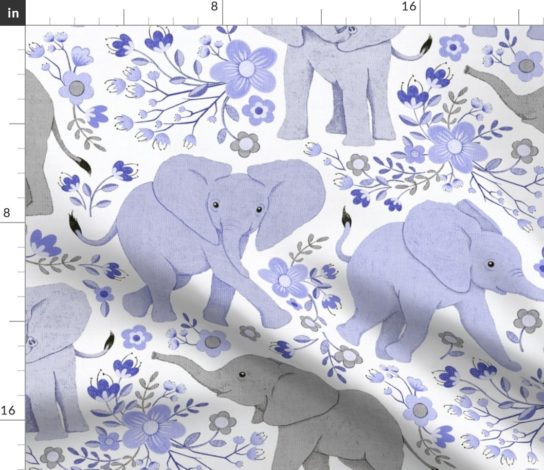 Energetic Elephants with Whimsical Wildflowers - periwinkle purple, large 