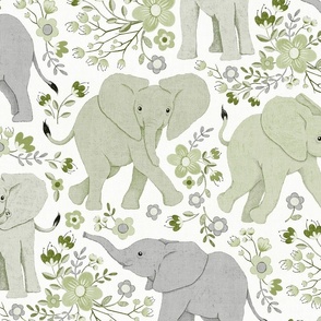 Energetic Elephants with Whimsical Wildflowers - sage green, large 