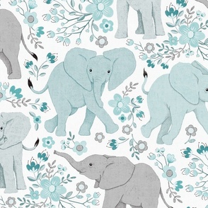 Energetic Elephants with Whimsical Wildflowers - duck egg blue, large 