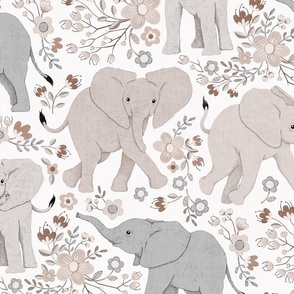 Energetic Elephants with Whimsical Wildflowers - pale taupe, large 