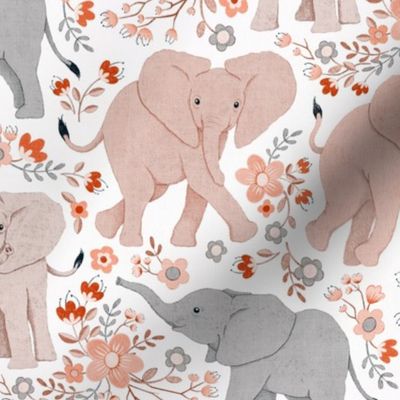 Energetic Elephants with Whimsical Wildflowers - warm earth tones, medium 