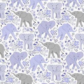Energetic Elephants with Whimsical Wildflowers - periwinkle purple, medium 