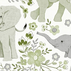 Energetic Elephants with Whimsical Wildflowers - sage green, medium 