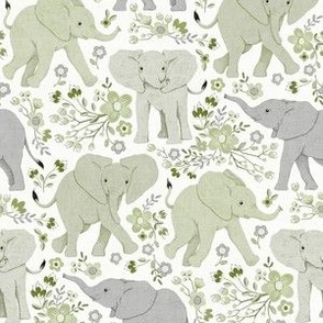 Energetic Elephants with Whimsical Wildflowers - sage green, small 